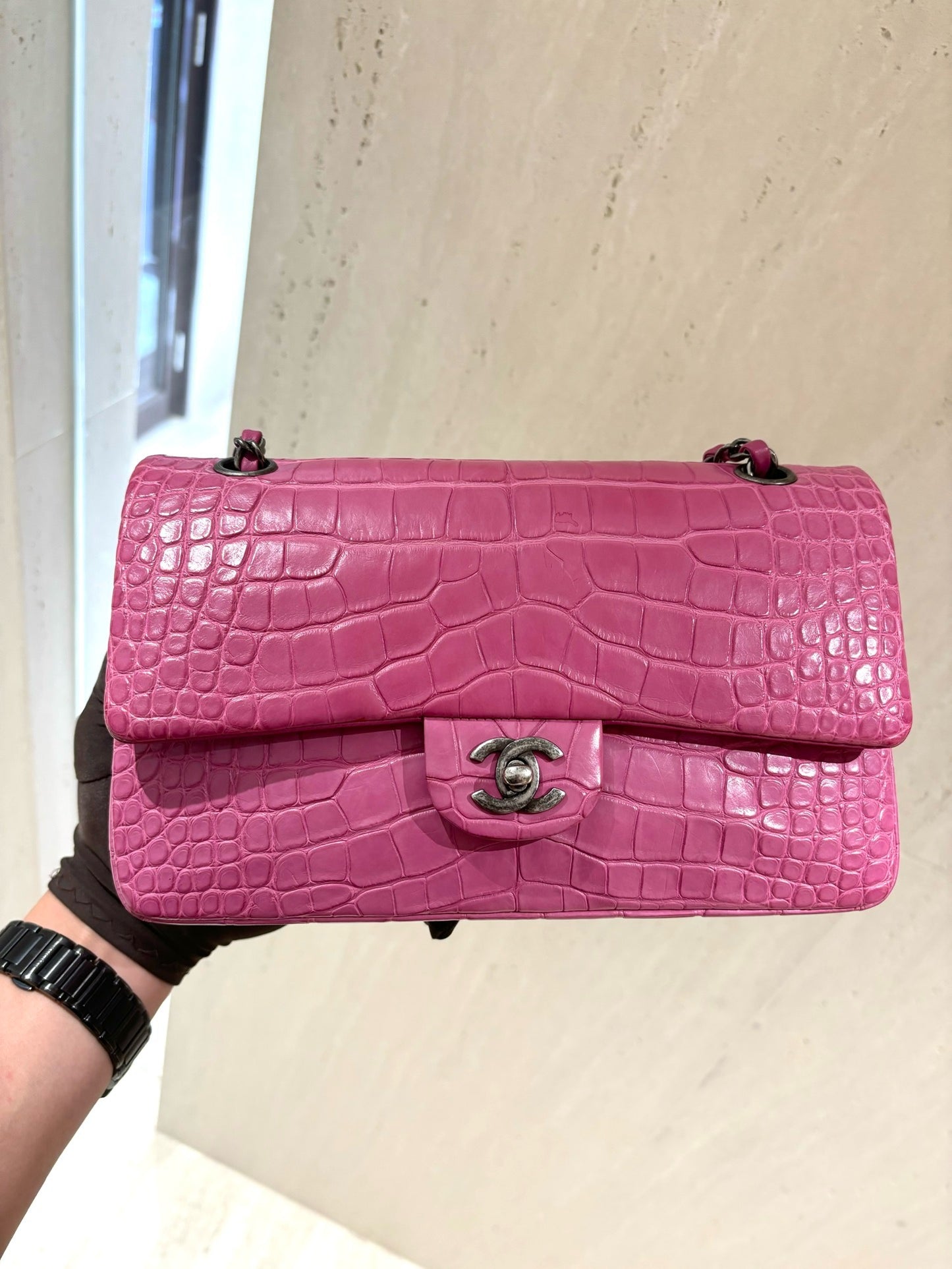 Pre-owned Chanel Collector’s Piece Medium CF Pink Croc Silver hw, w/ dust bag, card