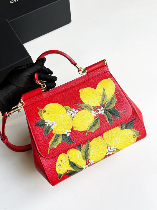 Pre-owned Dolce& Gabbana Sicily Medium Red Lemon Tree with long strap