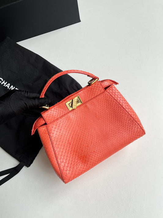 Pre-owned Fendi Peekaboo Small Special Edition Orange Natural Python w/ Golden Hardware, with dust bag