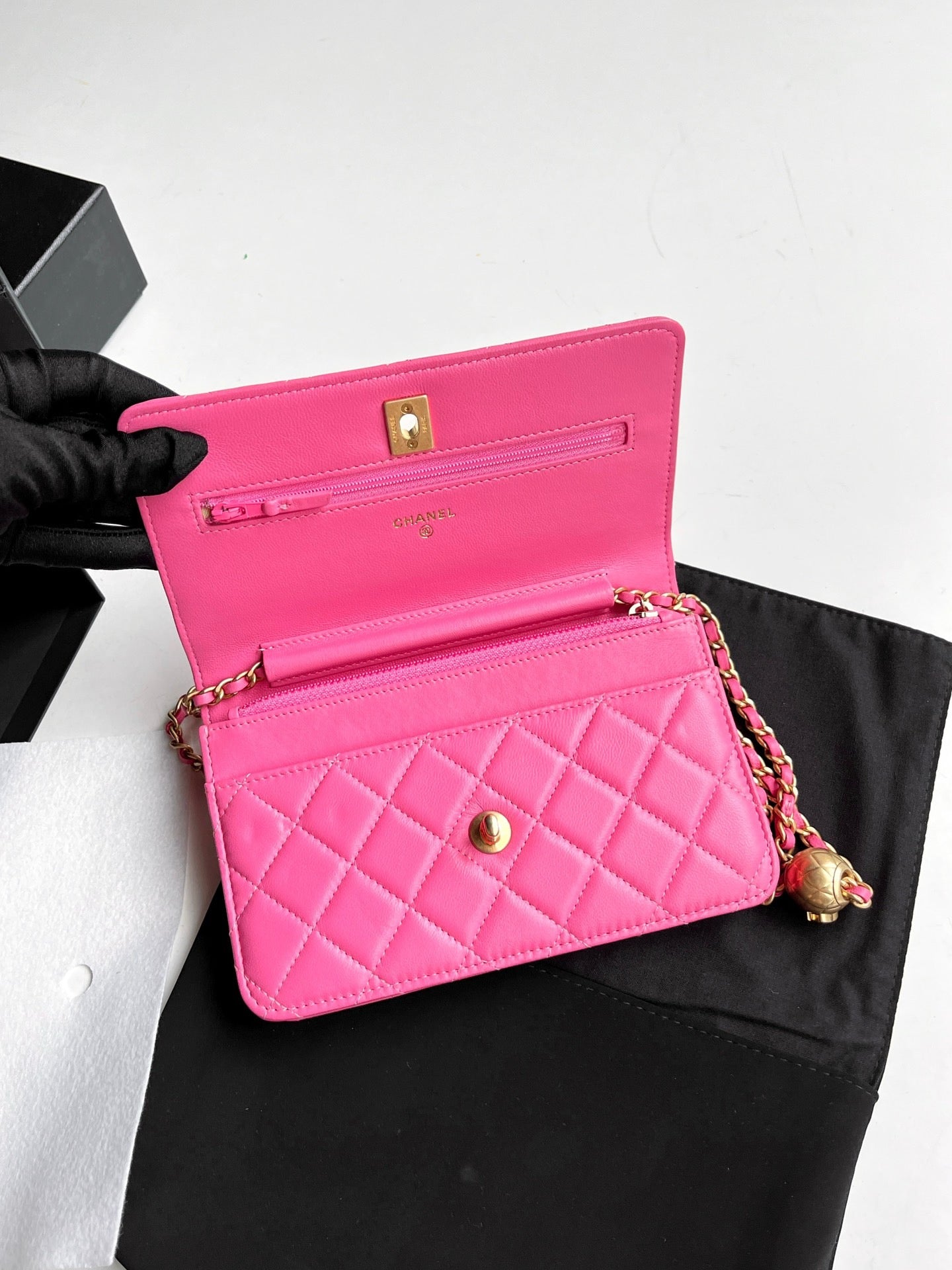 Pre-owned Chanel WOC Barbie Pink Lambskin Pearl Crash with box and dust bag, 2020