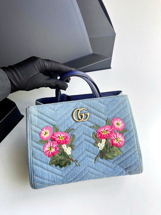 Pre-owned Gucci Marmont Top Handle Denim with Flowers