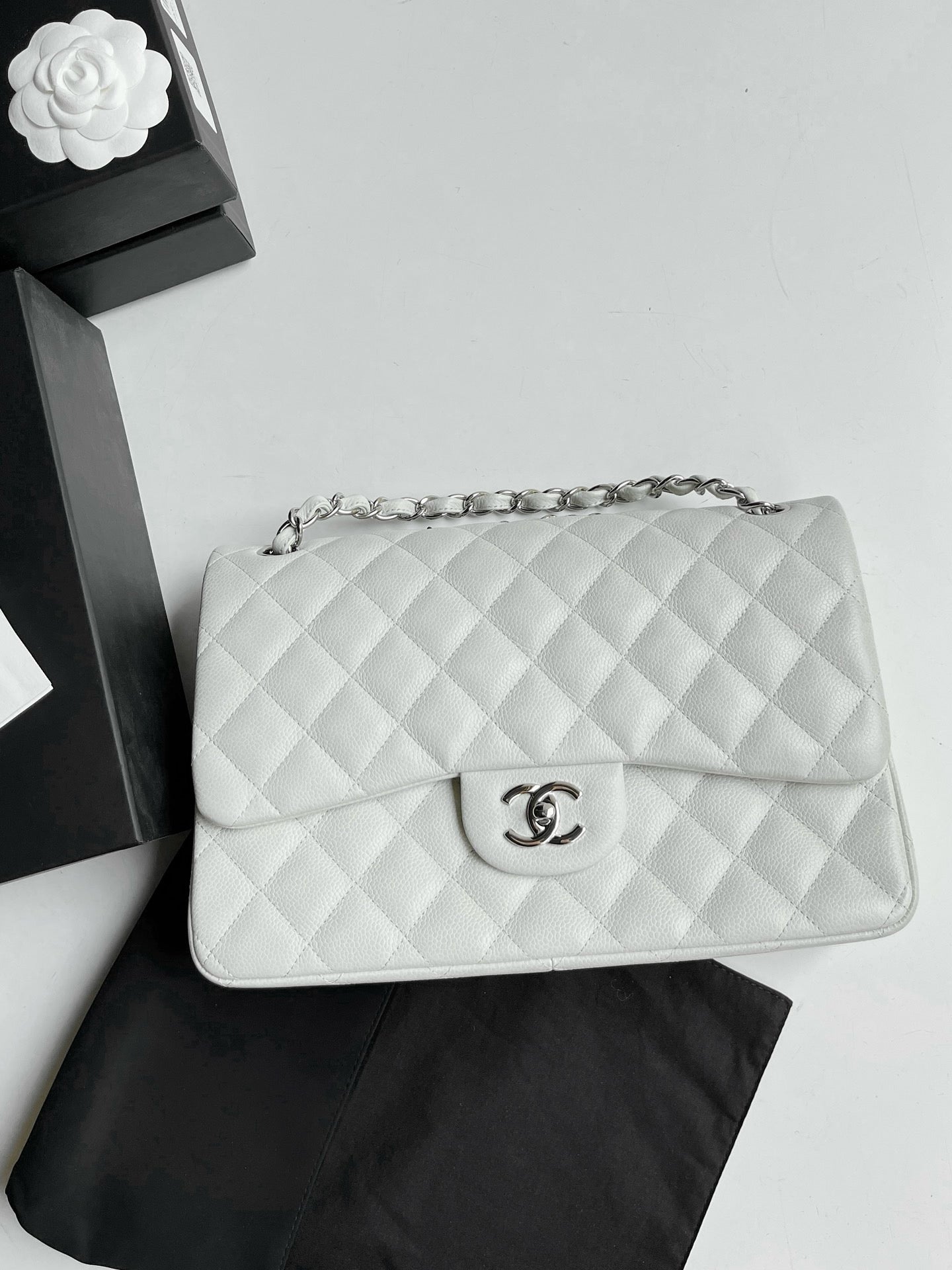 Pre-owned Chanel Classic Flap Jumbo White Caviar Leather with Silver Hardware, w/ Card 2011