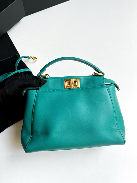 Pre-owned Fendi Peekaboo Small DarkTiffany Blue w/ golden hardware Long Strap