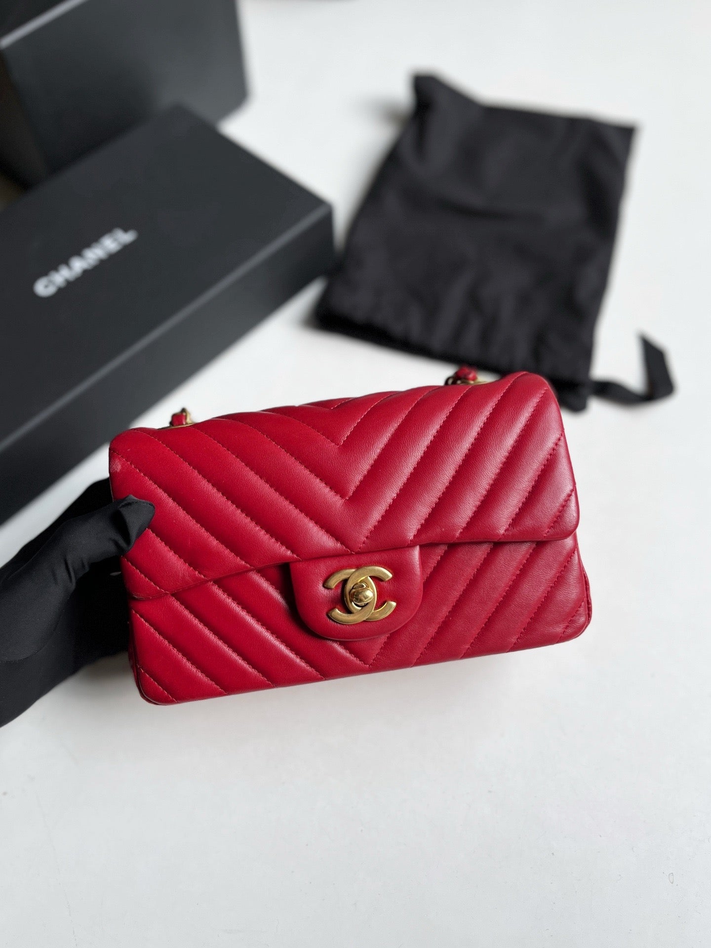 Pre-owned Chanel Classic Flap Mini Rectangular, Chevron Quilted Red Lambskin Golden hw, 2016, w/ card, dust bag