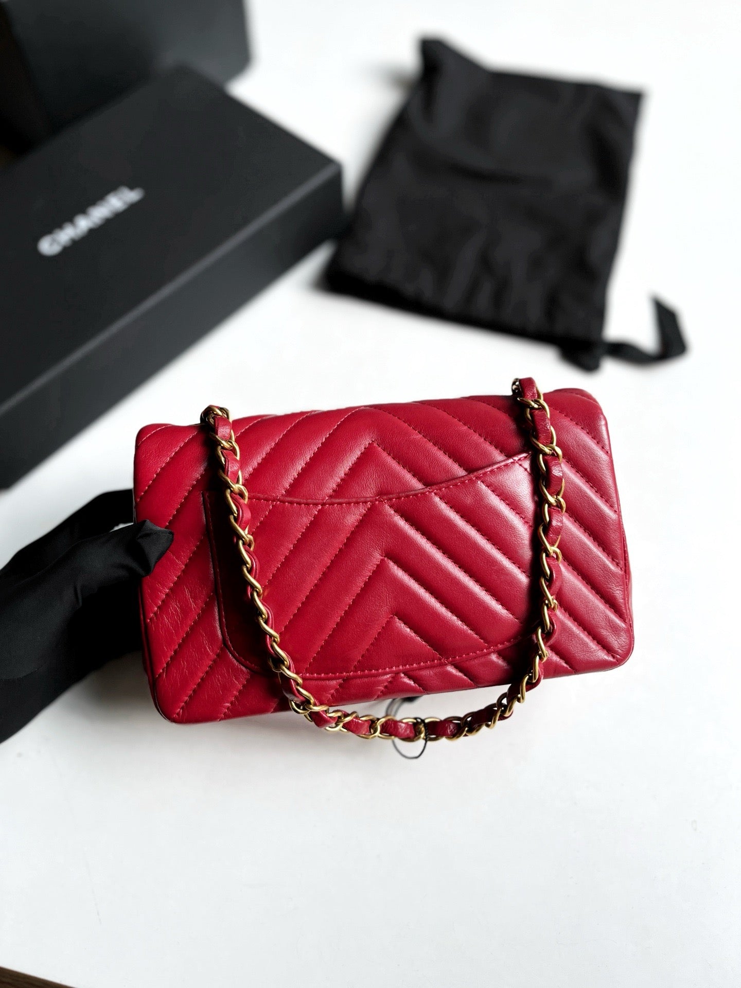 Pre-owned Chanel Classic Flap Mini Rectangular, Chevron Quilted Red Lambskin Golden hw, 2016, w/ card, dust bag