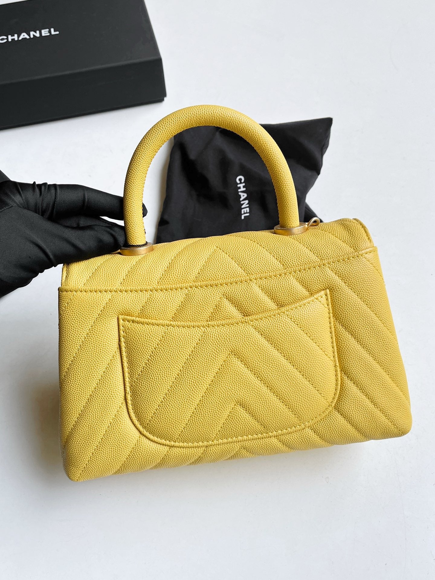 Pre-owned Chanel Coco Handle Small Yellow Chevron Quilted Caviar Leather,