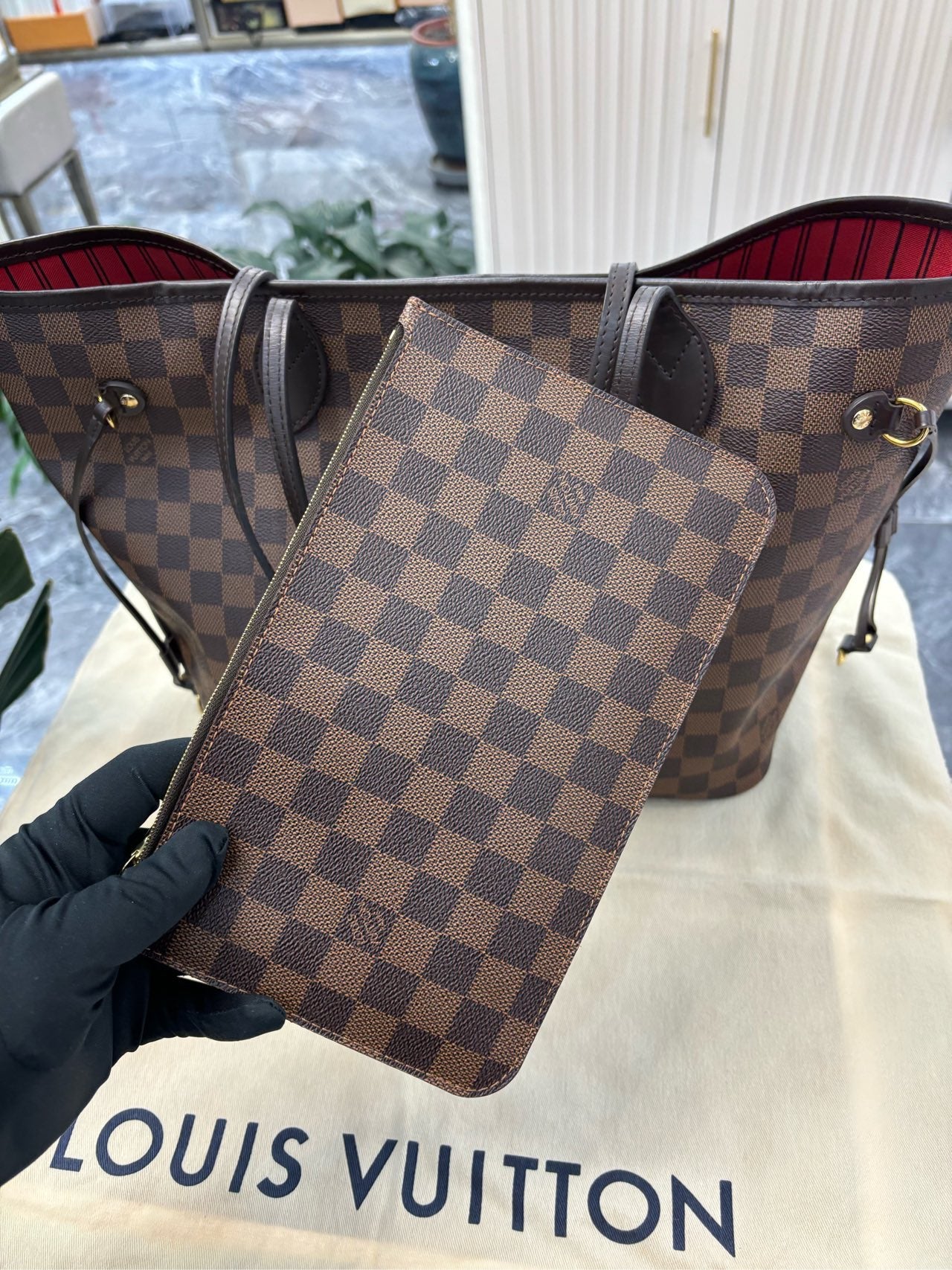 Pre-owned Neverfull MM Damier Eben Coated Canvas, 2019, w/ pouch, dust bag