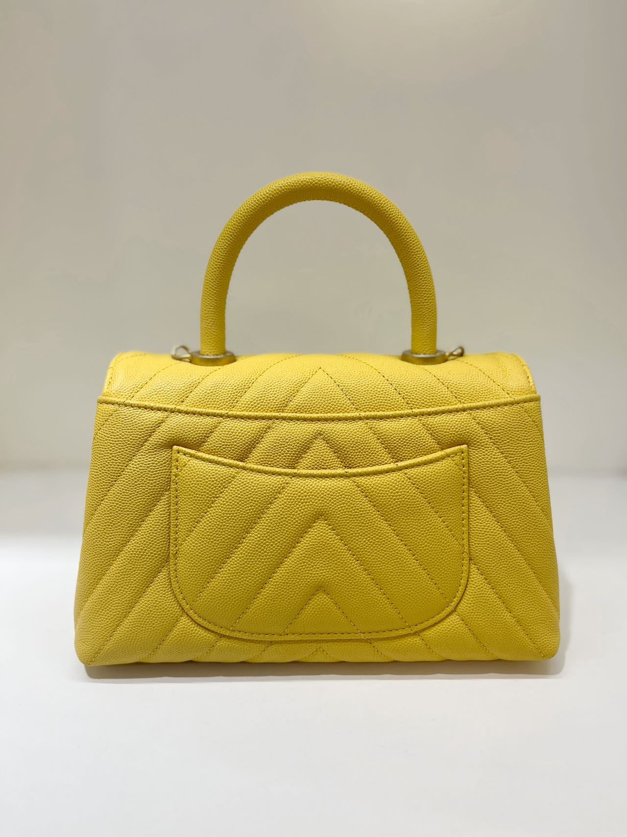 Pre-owned Chanel Coco Handle Small Yellow Chevron Quilted Caviar Leather,