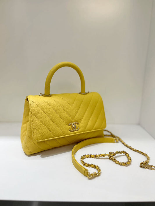 Pre-owned Chanel Coco Handle Small Yellow Chevron Quilted Caviar Leather,