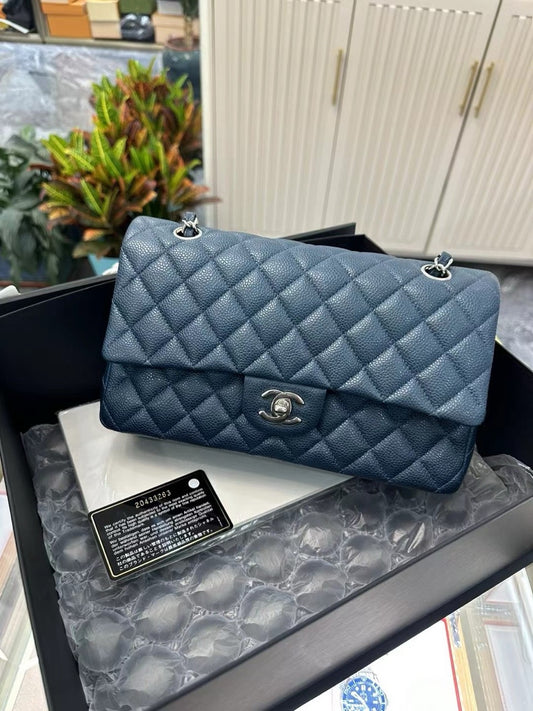 Pre-owned Chanel Classic Flap CF Medium Blue Caviar Leather Silver hw, 2015, w/ card