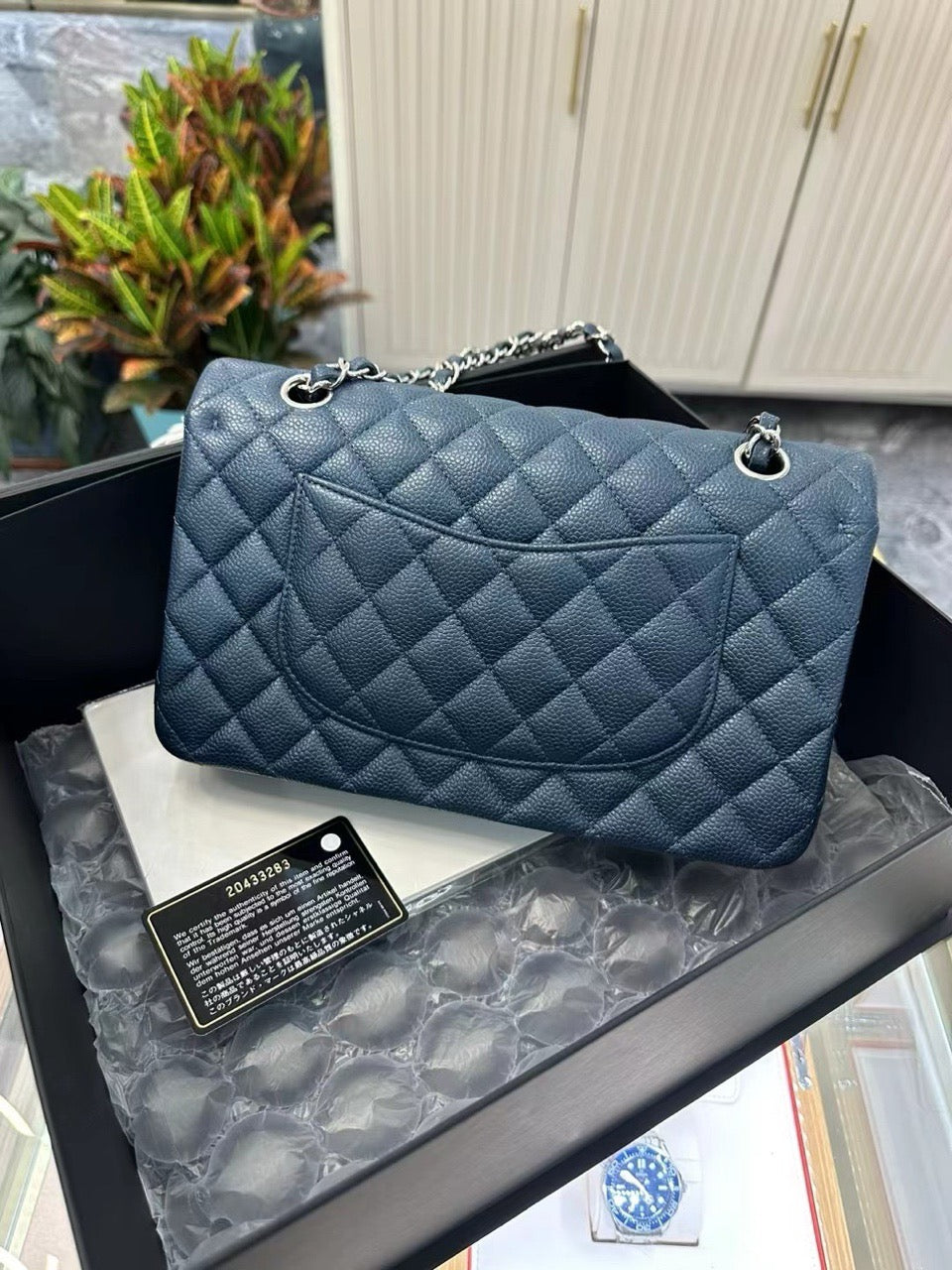 Pre-owned Chanel Classic Flap CF Medium Blue Caviar Leather Silver hw, 2015, w/ card