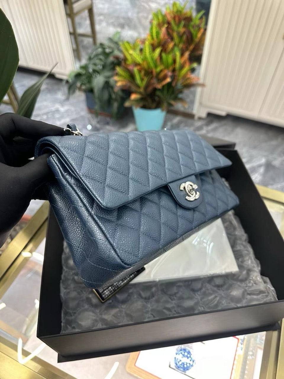 Pre-owned Chanel Classic Flap CF Medium Blue Caviar Leather Silver hw, 2015, w/ card