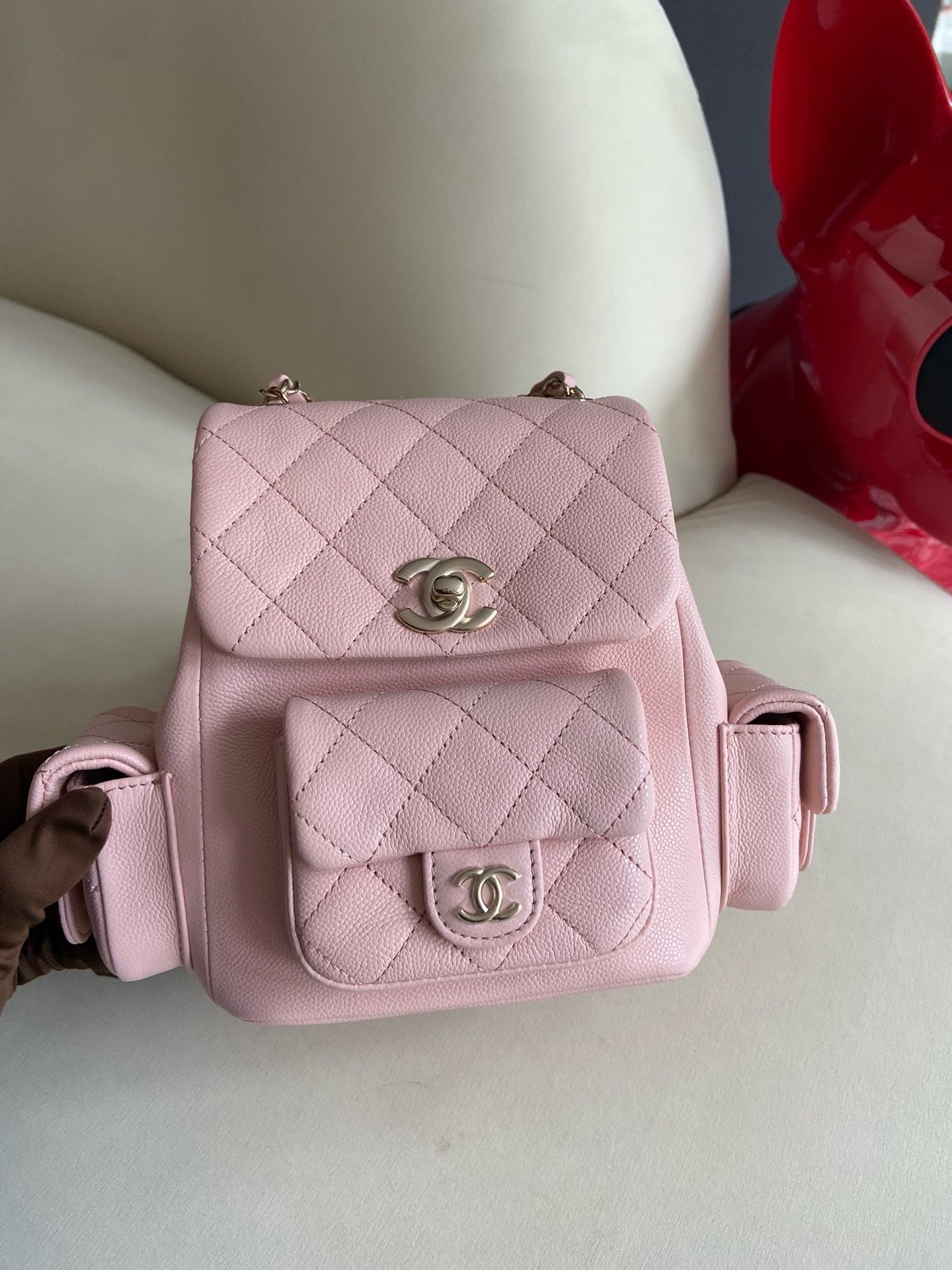 Pre-owned Brand New Chanel 23K Small Duma Backpack in Sakura Pink Caviar Leather with Light Gold Hardware, 2023, Full Set