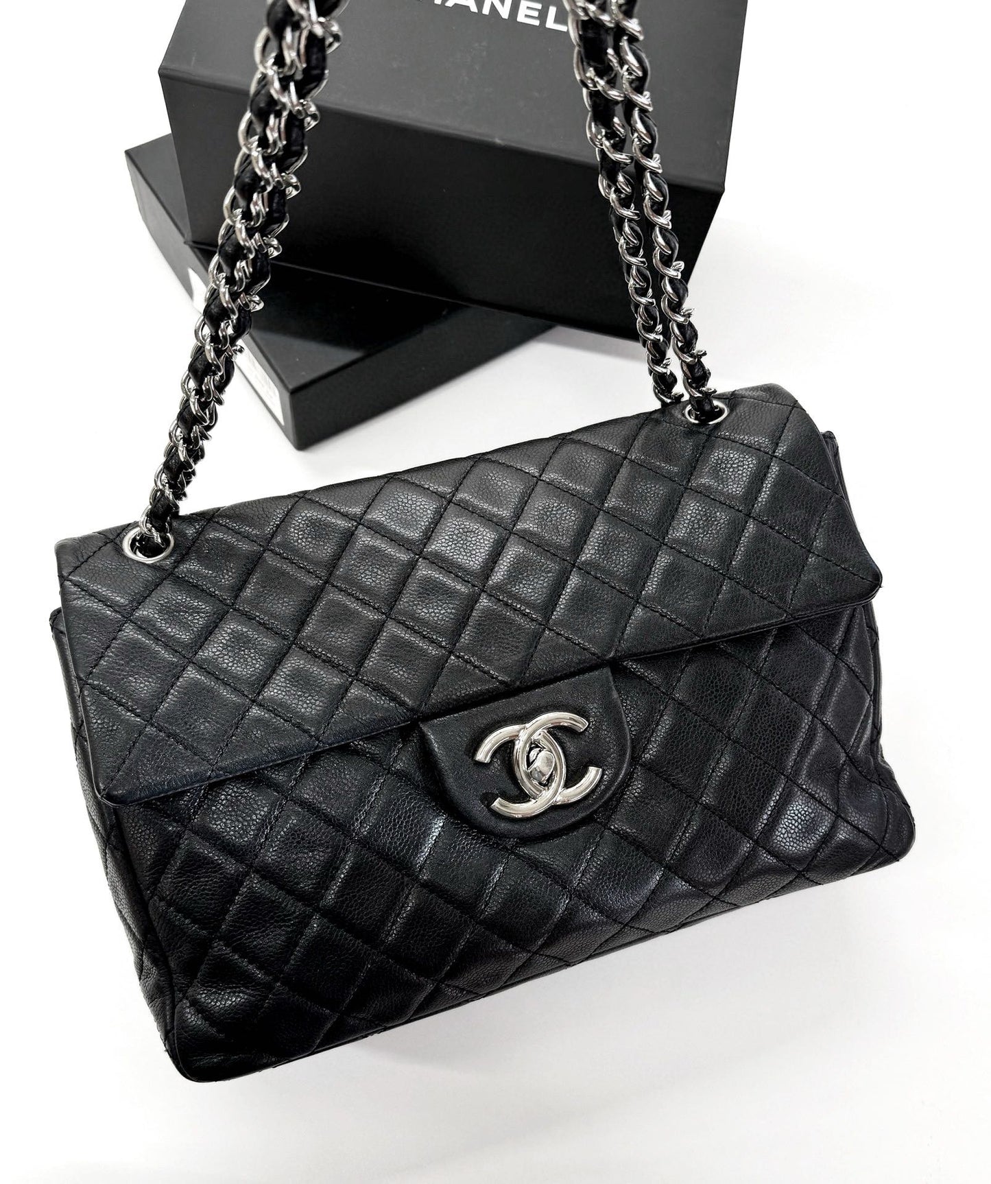 Pre-owned Chanel CF Maxi Single Flap Black Caviar Leather with Silver Hardware, 2008-09