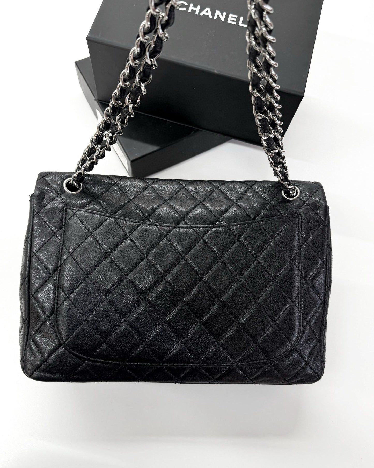 Pre-owned Chanel CF Maxi Single Flap Black Caviar Leather with Silver Hardware, 2008-09