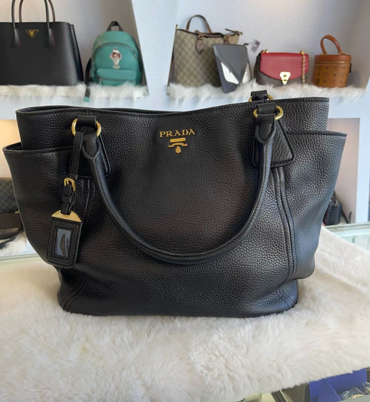 Pre-owned Prada Vitello Daino Side Pocket Black Calfskin