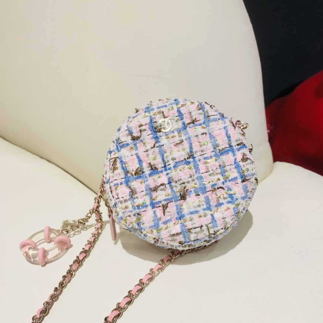 Pre-owned Chanel Lifesaver Round Crossbody in Pink & Blue Tweed, Not used!