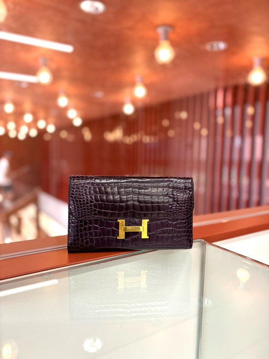 Pre-owned Hermes Constance Long Wallet Amethyst Purple Croc Golden hw, 2015