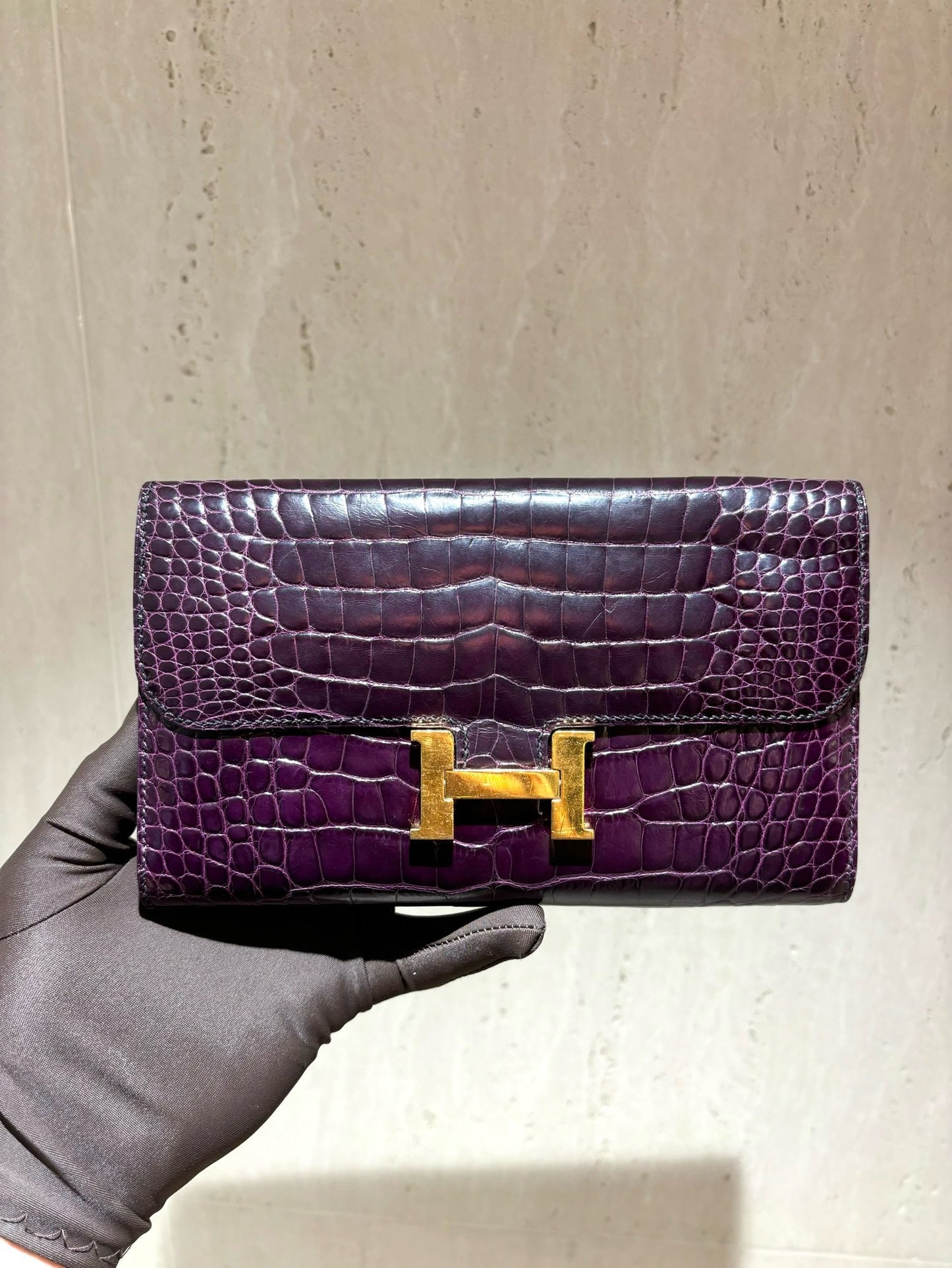 Pre-owned Hermes Constance Long Wallet Amethyst Purple Croc Golden hw, 2015