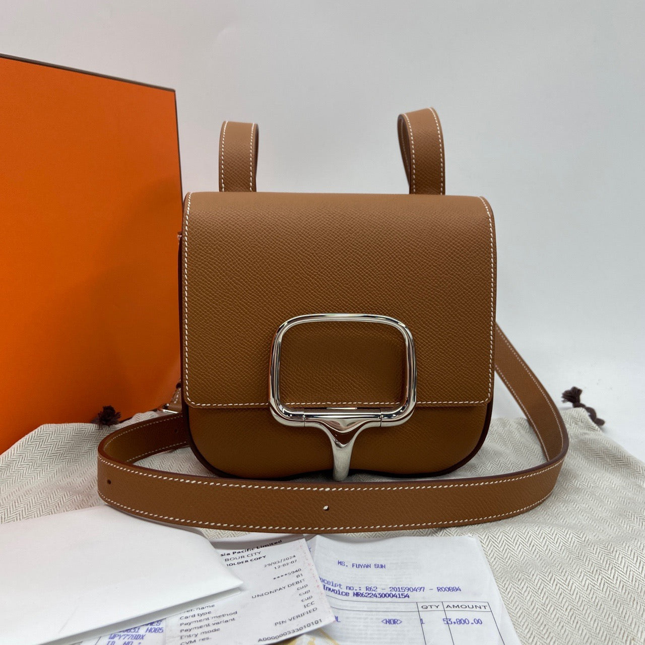 Pre-owned Hermes Mini Della Cavalleria Golden Brown Epsom Leather Silver hw, 2024 (W), Full Set