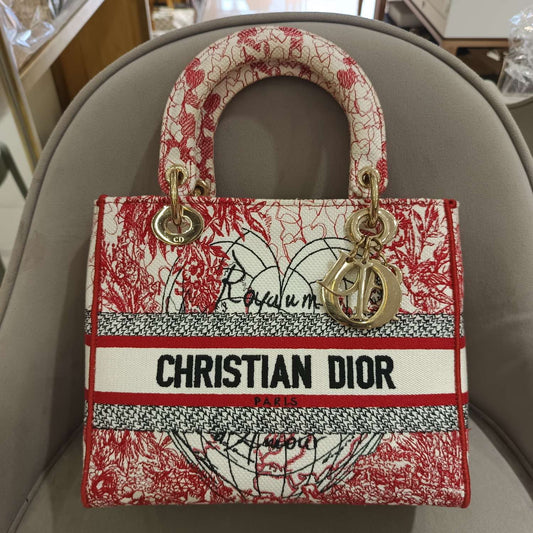 Pre-owned Dior Lady D-Lite Medium, D-Royaume d’Amour Collection, w/ dust bag, strap