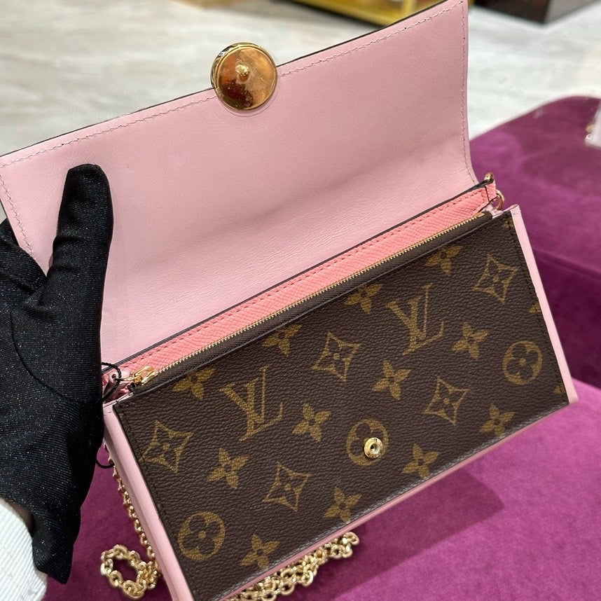 Pre-owned LV Louis Vuitton Flore Ballerine Long wallet with Pink Leather accents