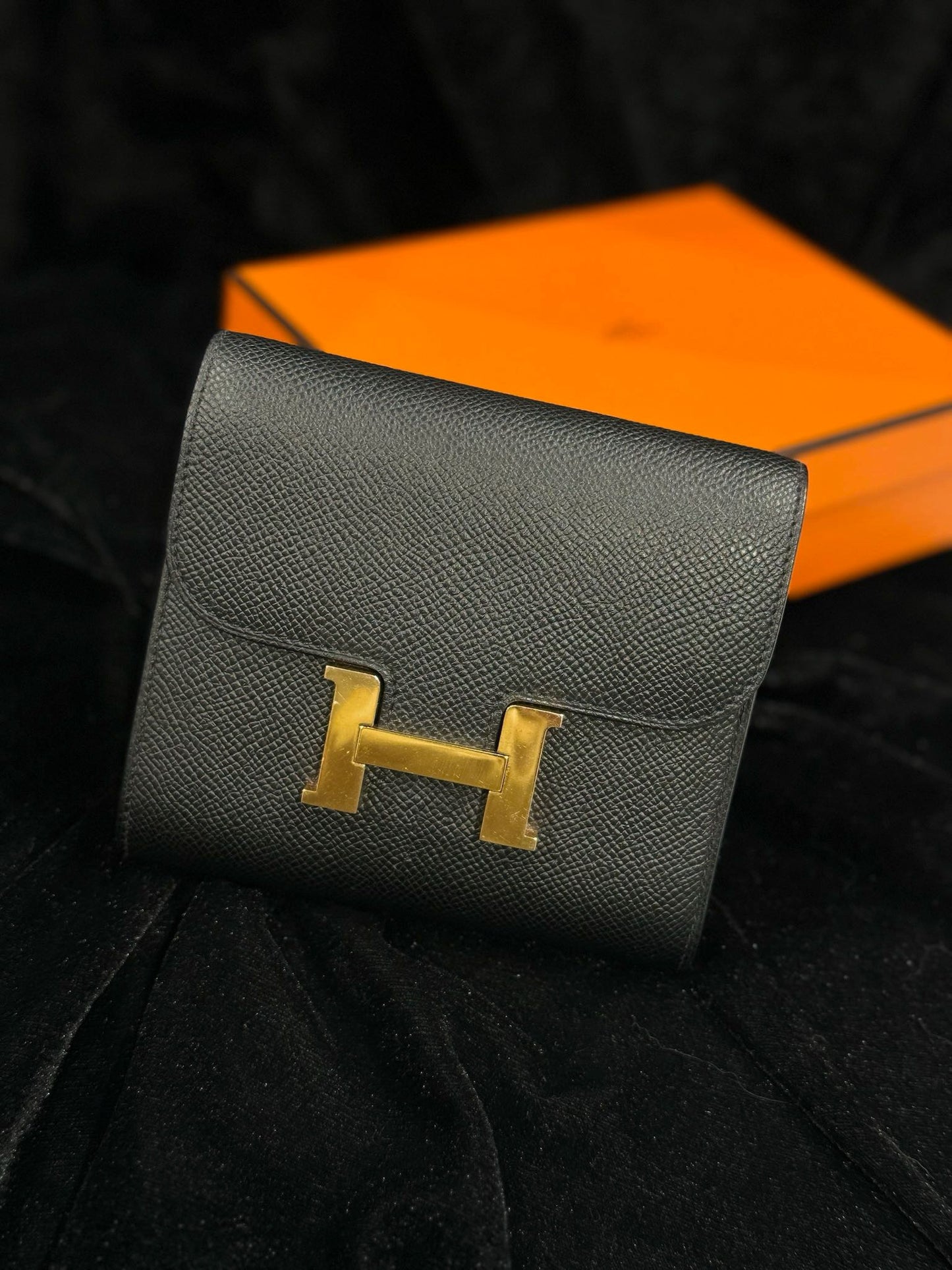 Pre-owned Hermes Constance Slim Wallet Black Epsom Golden hw, 2017 (A), w/ box, dust bag