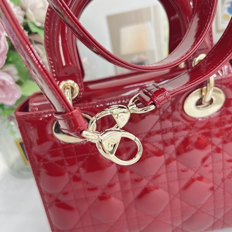 Pre-owned Not Used Small Lady Dior Dark Red Patent Leather Golden Hardware, 2020, w/ dust bag, card