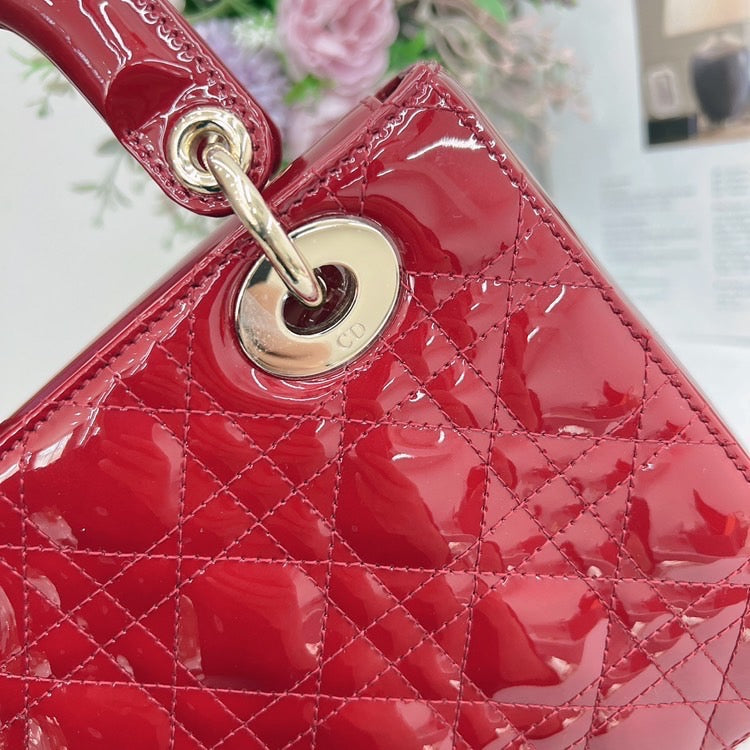 Pre-owned Not Used Small Lady Dior Dark Red Patent Leather Golden Hardware, 2020, w/ dust bag, card