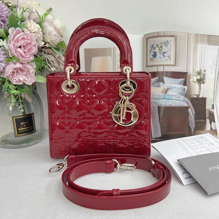 Pre-owned Not Used Small Lady Dior Dark Red Patent Leather Golden Hardware, 2020, w/ dust bag, card