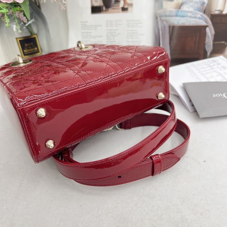 Pre-owned Not Used Small Lady Dior Dark Red Patent Leather Golden Hardware, 2020, w/ dust bag, card