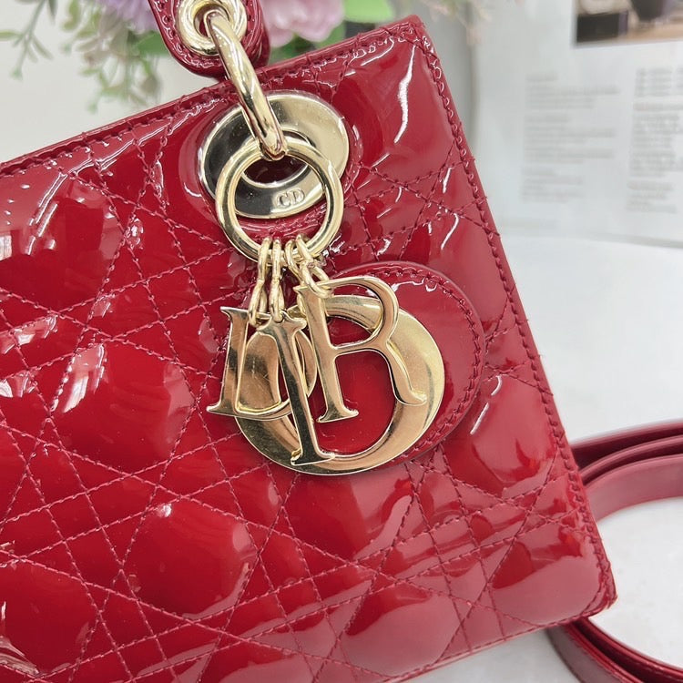 Pre-owned Not Used Small Lady Dior Dark Red Patent Leather Golden Hardware, 2020, w/ dust bag, card