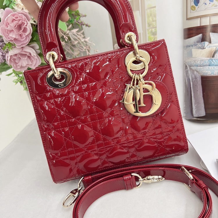 Pre-owned Not Used Small Lady Dior Dark Red Patent Leather Golden Hardware, 2020, w/ dust bag, card