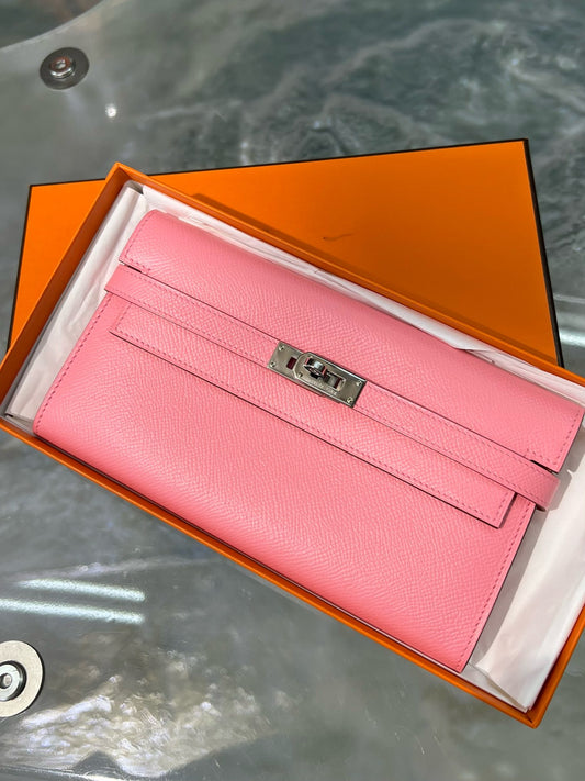 Pre-owned Hermes Kelly Long Wallet 1Q Rose Confetti Epsom Silver Hardware, 2016, w/ box