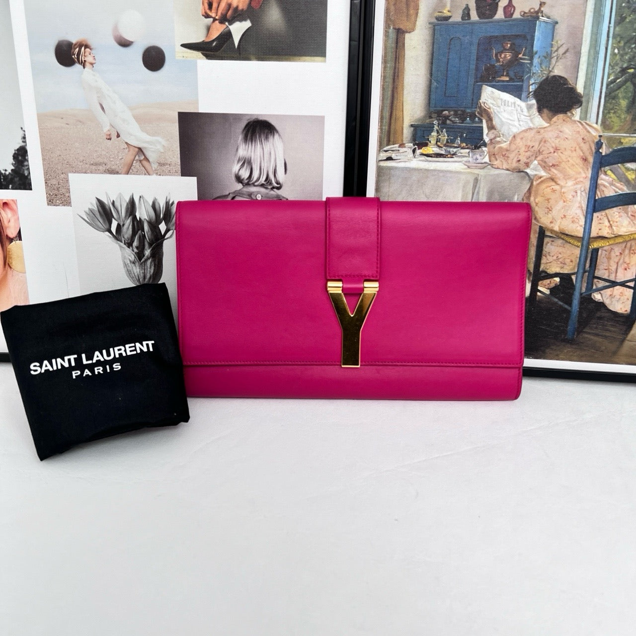 Pre-owned YSL Saint Laurent Chyc Clutch Fuchsia w/ Golden hardware