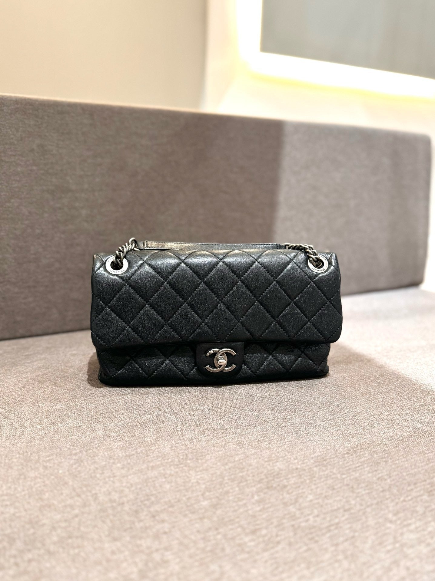 Pre-owned Chanel Soft Classic Flap CF Black Aged Calfskin Dark Silver Hw, 2014-2015, w/ card, dust bag