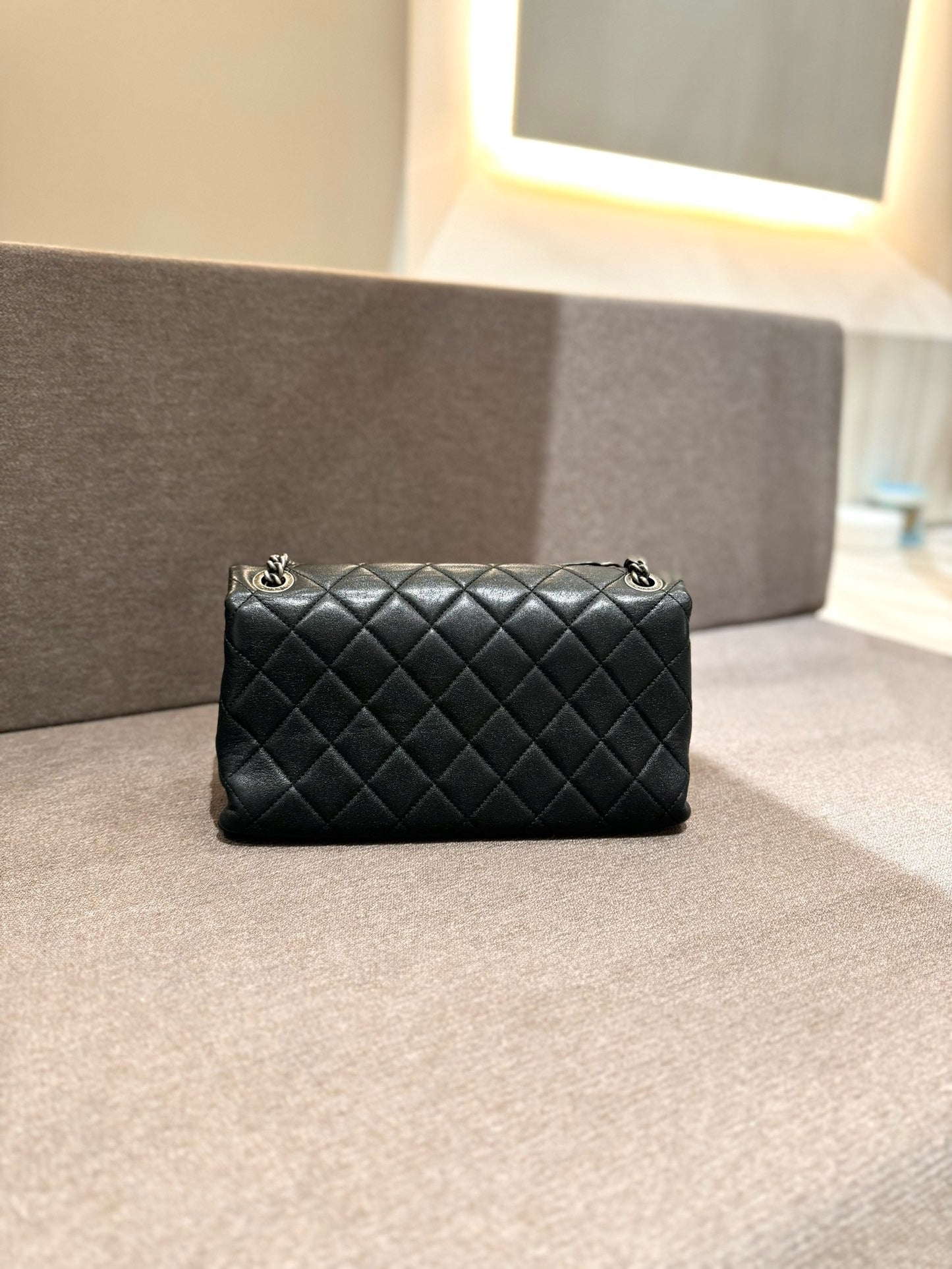 Pre-owned Chanel Soft Classic Flap CF Black Aged Calfskin Dark Silver Hw, 2014-2015, w/ card, dust bag