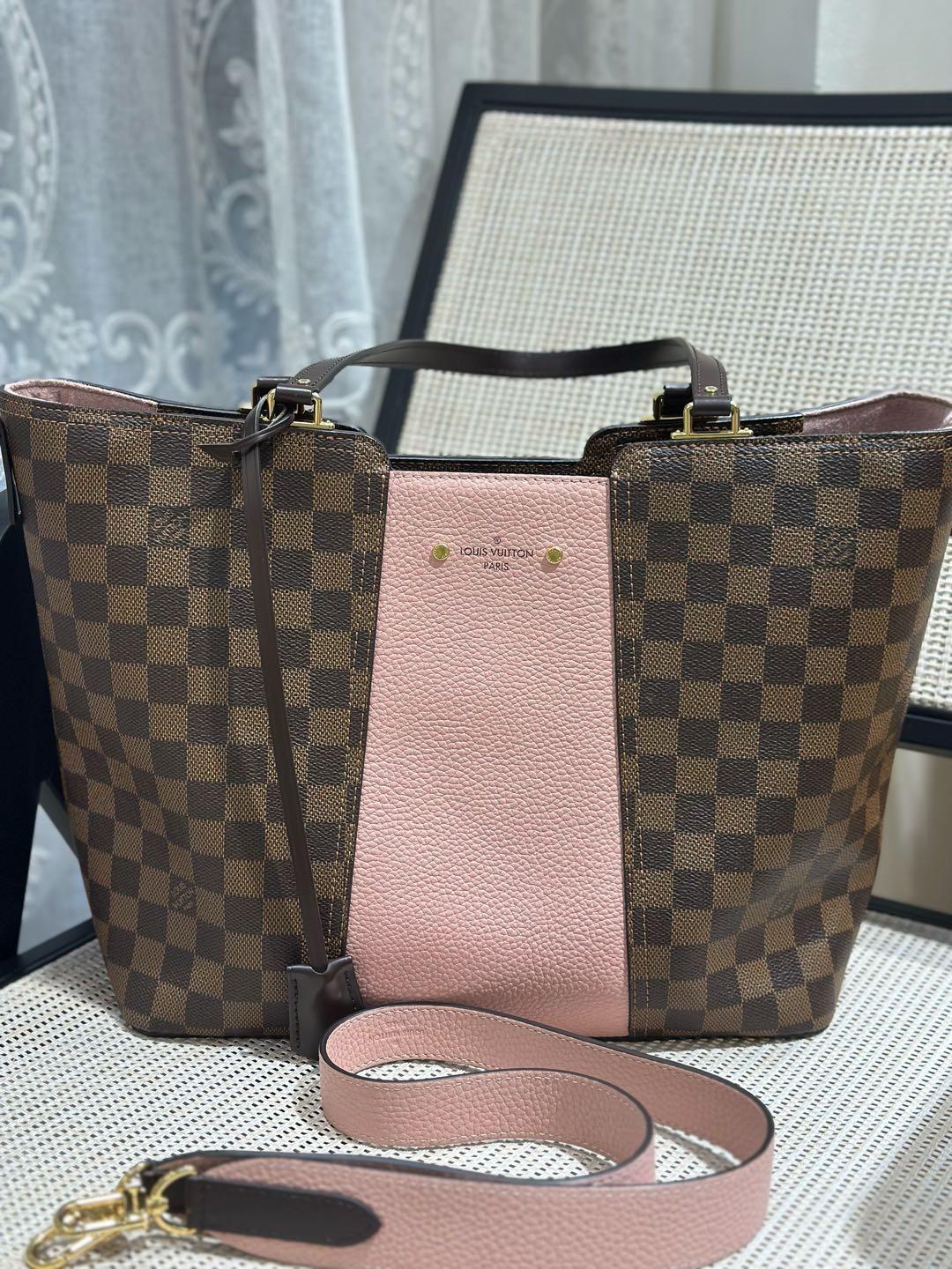Pre-owned Certified LV Louis Vuitton Jersey Tote Damier Ebene Coated Canvas with Pink Calfskin, w/ long strap, 2017