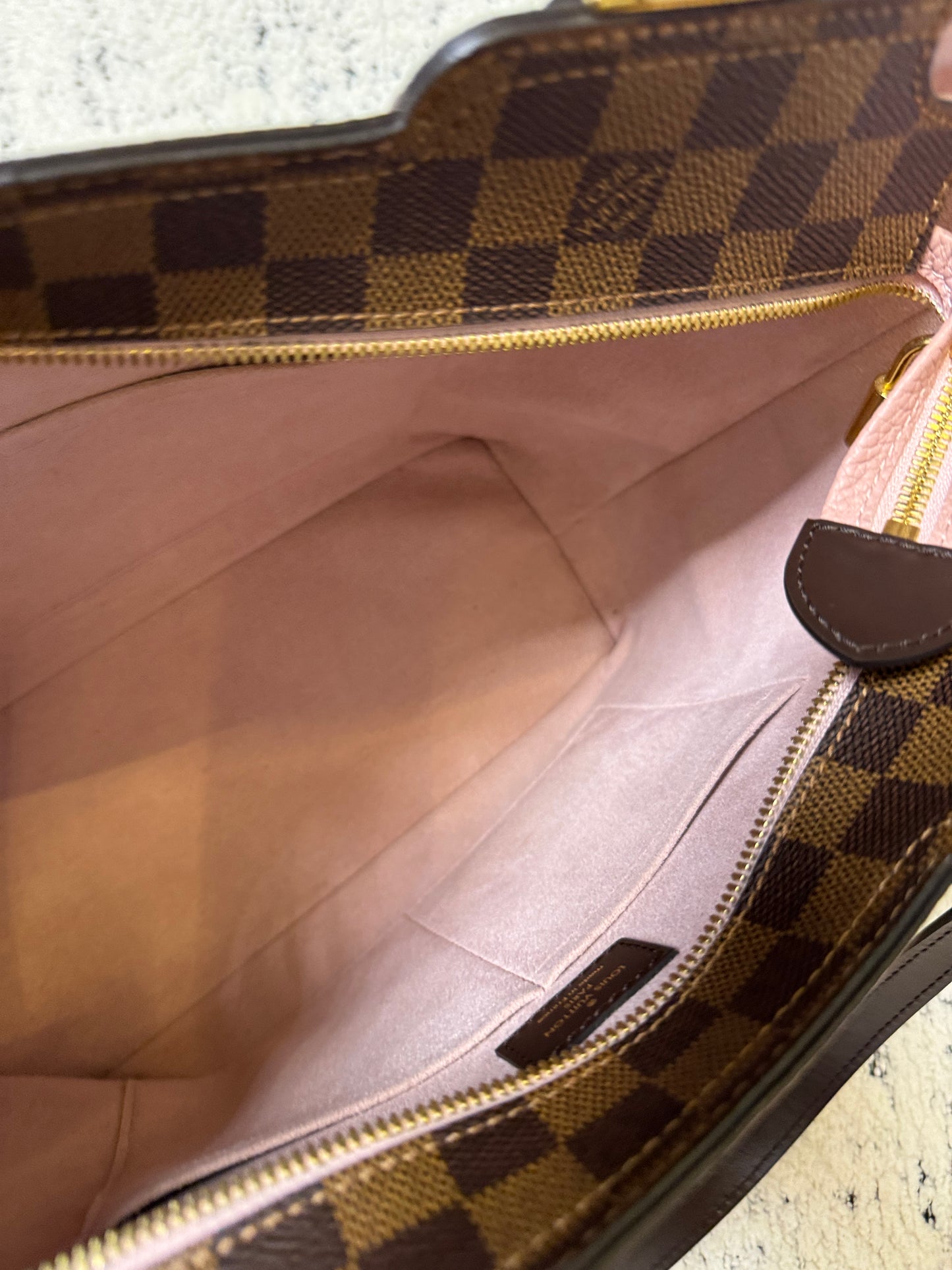 Pre-owned Certified LV Louis Vuitton Jersey Tote Damier Ebene Coated Canvas with Pink Calfskin, w/ long strap, 2017