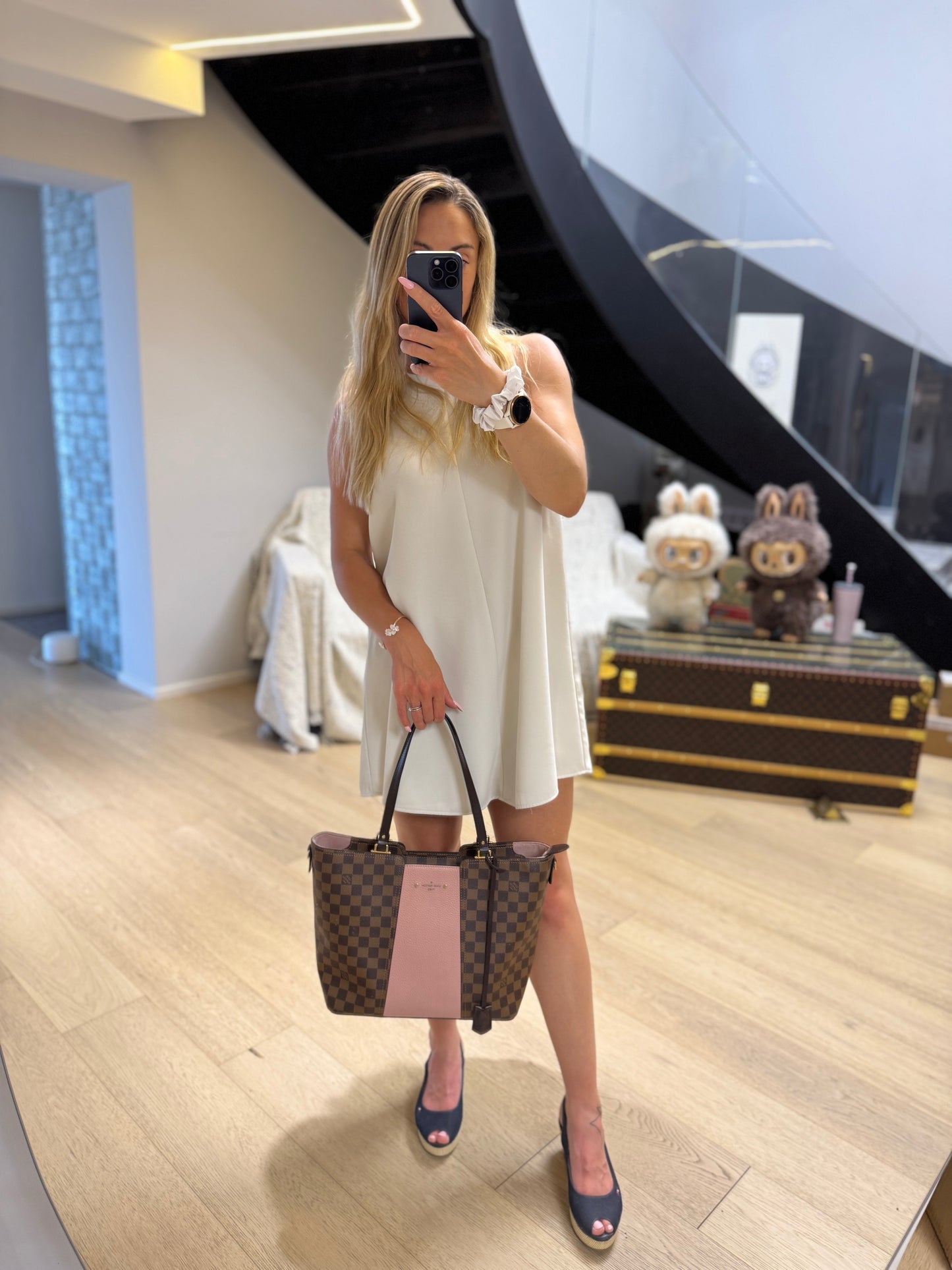 Pre-owned Certified LV Louis Vuitton Jersey Tote Damier Ebene Coated Canvas with Pink Calfskin, w/ long strap, 2017