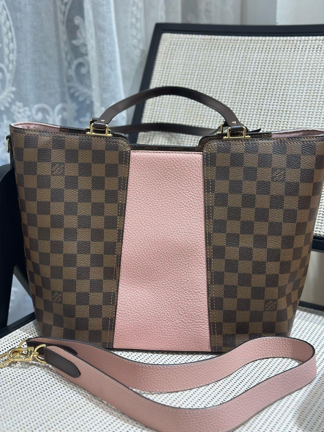 Pre-owned Certified LV Louis Vuitton Jersey Tote Damier Ebene Coated Canvas with Pink Calfskin, w/ long strap, 2017