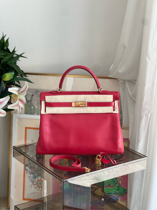 Pre-owned Hermes Kelly 35 Ferrari Red Tadelakt Leather Golden Hw, 2009, w/ lock&key with clochette, strap, felt