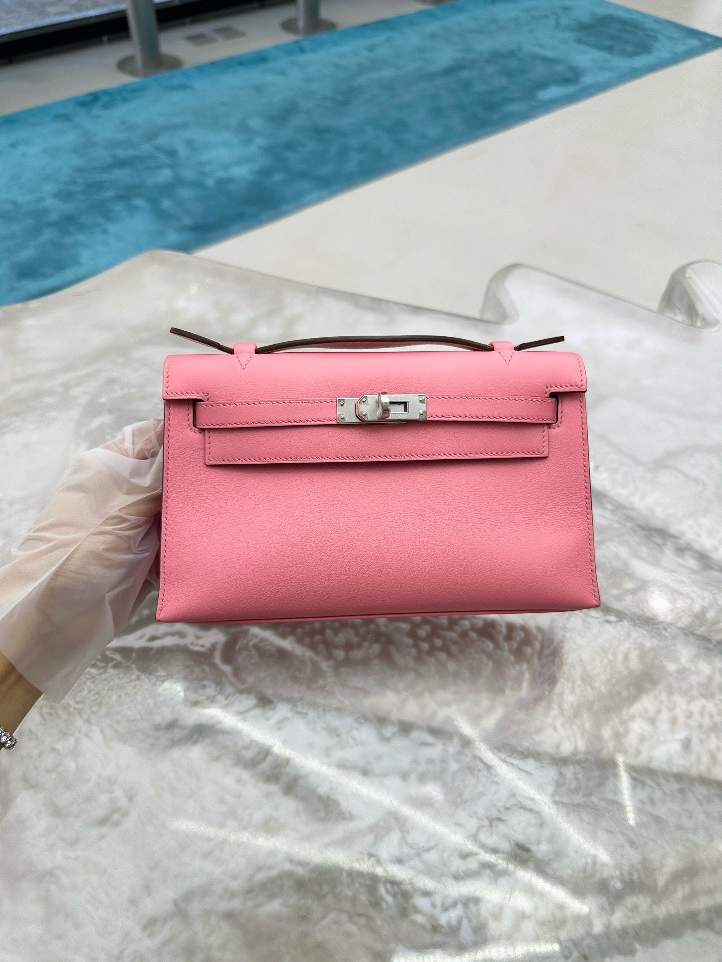 Pre-owned Hermes Mini Kelly Pochette 8W Rose Azalee Swift Leather Silver Hardware, 2020, w/ Full Set