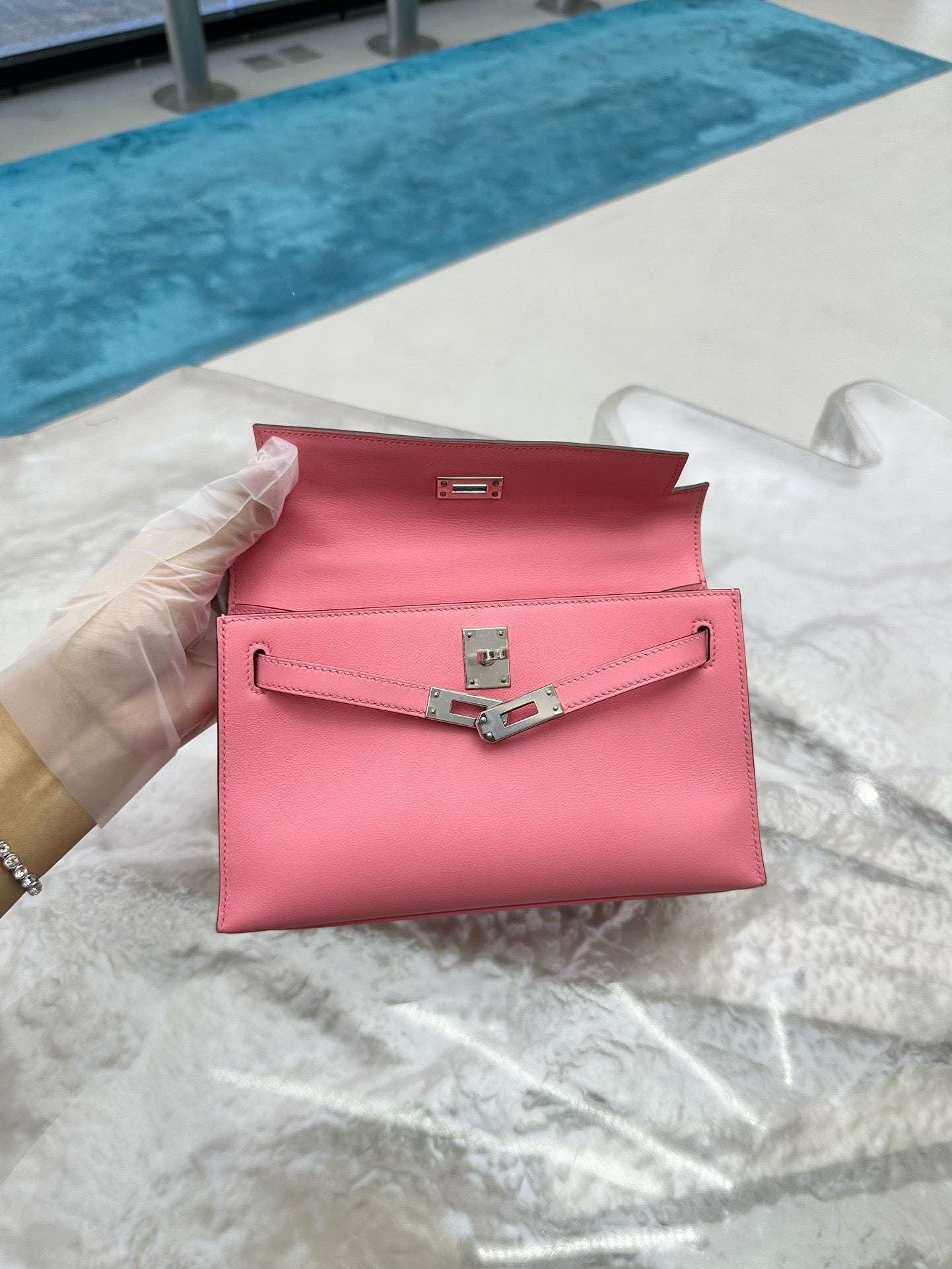 Pre-owned Hermes Mini Kelly Pochette 8W Rose Azalee Swift Leather Silver Hardware, 2020, w/ Full Set