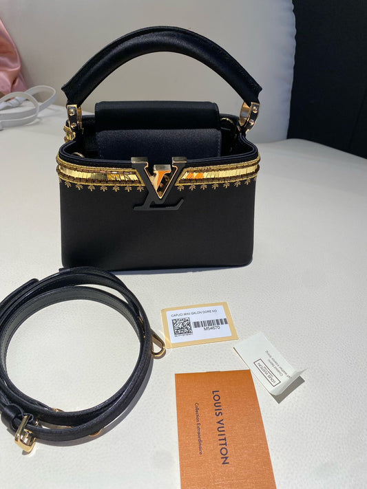 Pre-owned Certified LV Louis Vuitton Capucines Mini in Black Satin Embellished with Golden Accents, 2017 , w/ Dust bag, Strap