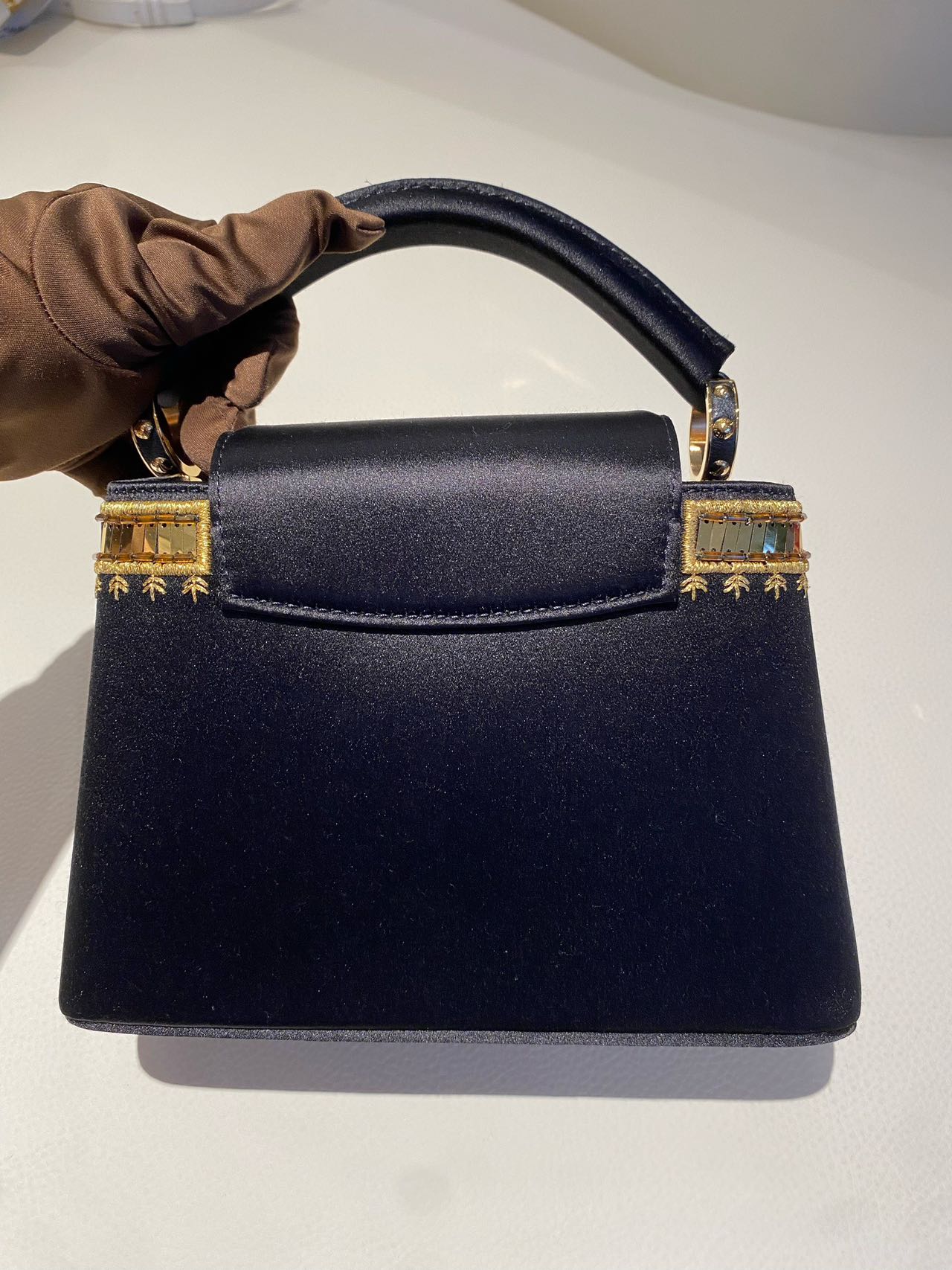 Pre-owned Certified LV Louis Vuitton Capucines Mini in Black Satin Embellished with Golden Accents, 2017 , w/ Dust bag, Strap