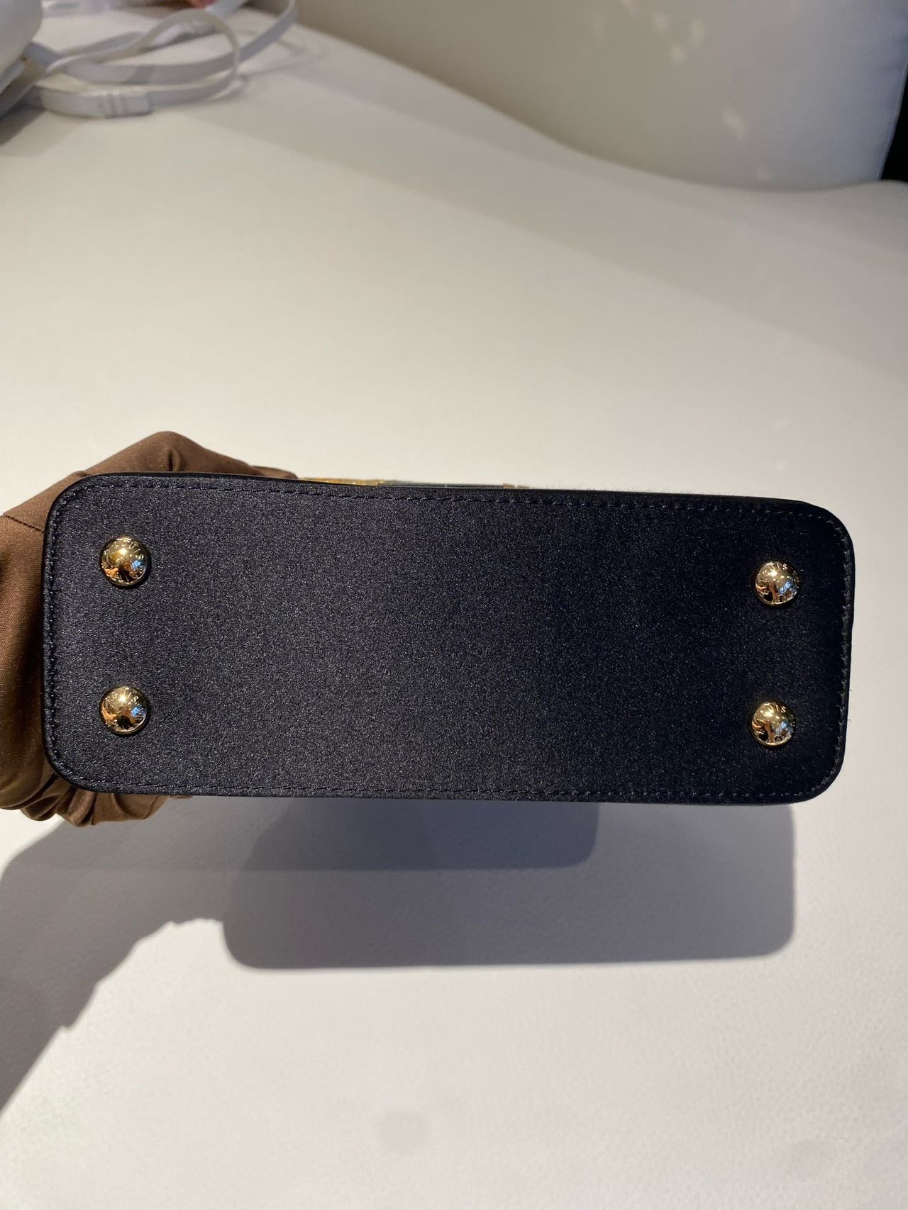 Pre-owned Certified LV Louis Vuitton Capucines Mini in Black Satin Embellished with Golden Accents, 2017 , w/ Dust bag, Strap