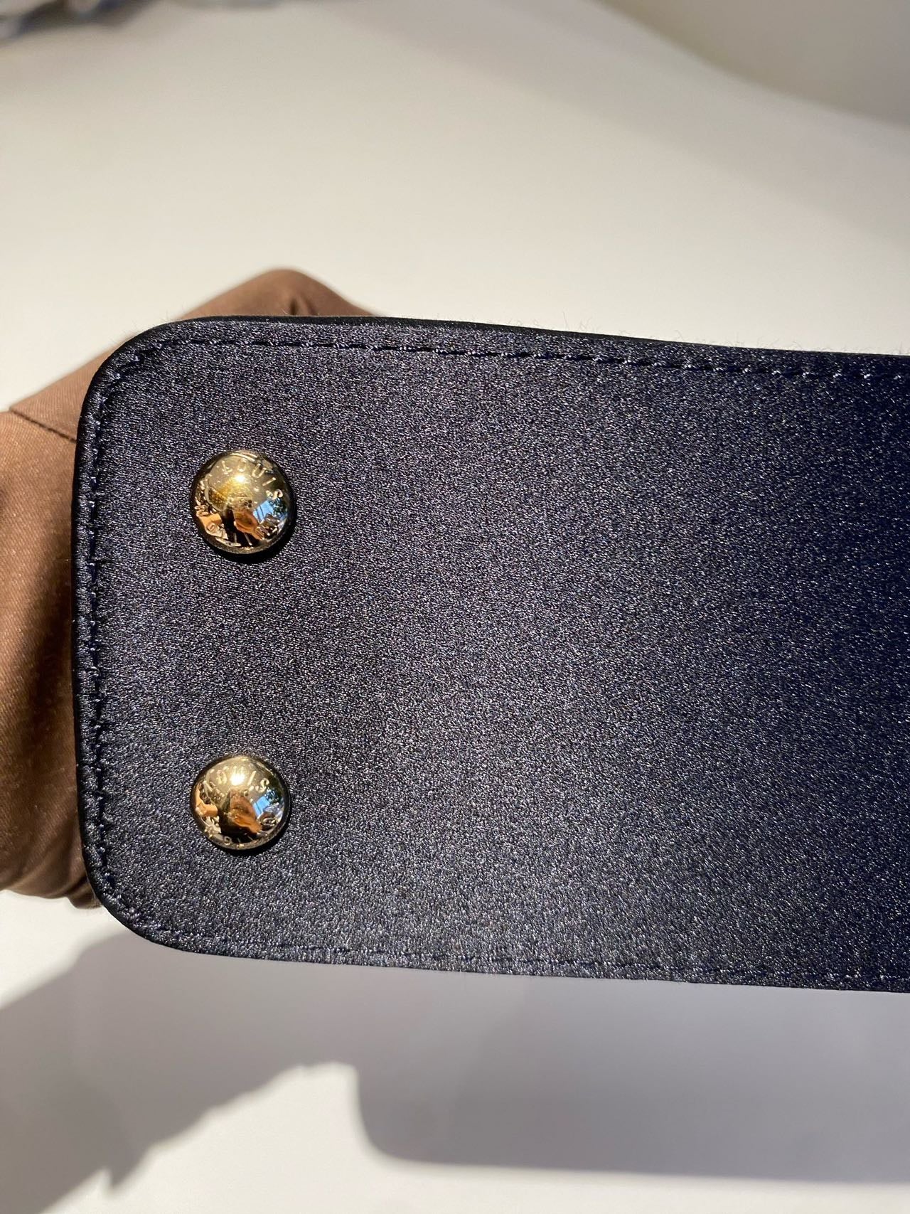 Pre-owned Certified LV Louis Vuitton Capucines Mini in Black Satin Embellished with Golden Accents, 2017 , w/ Dust bag, Strap