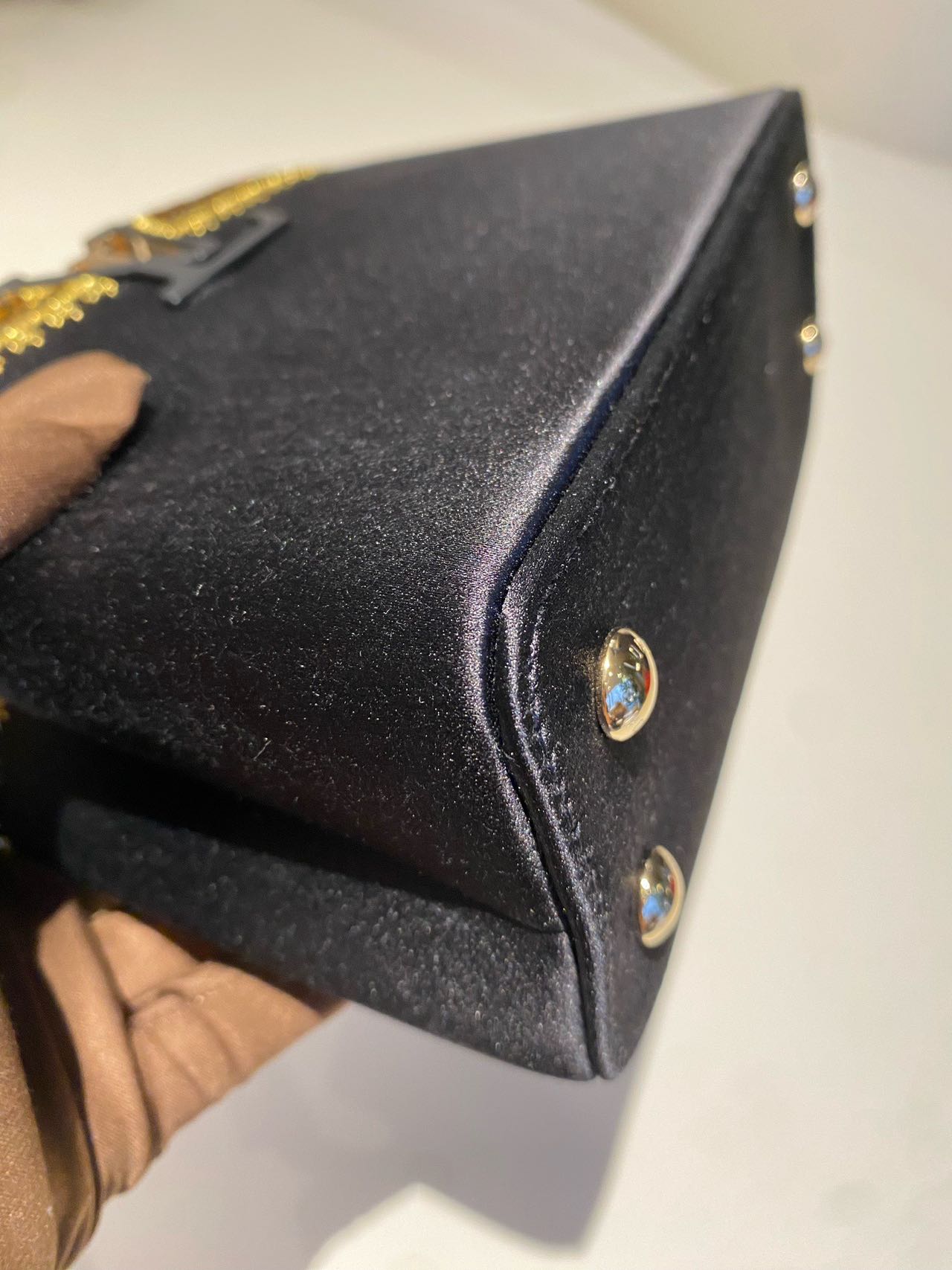 Pre-owned Certified LV Louis Vuitton Capucines Mini in Black Satin Embellished with Golden Accents, 2017 , w/ Dust bag, Strap