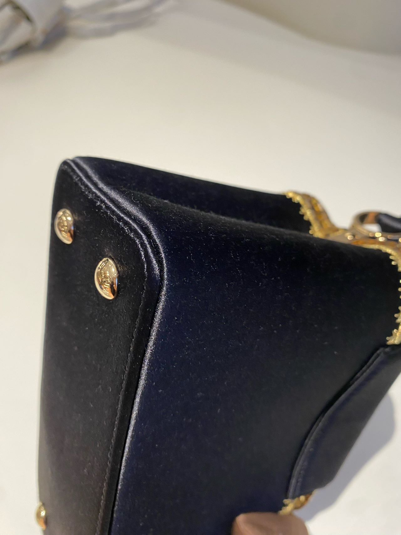 Pre-owned Certified LV Louis Vuitton Capucines Mini in Black Satin Embellished with Golden Accents, 2017 , w/ Dust bag, Strap